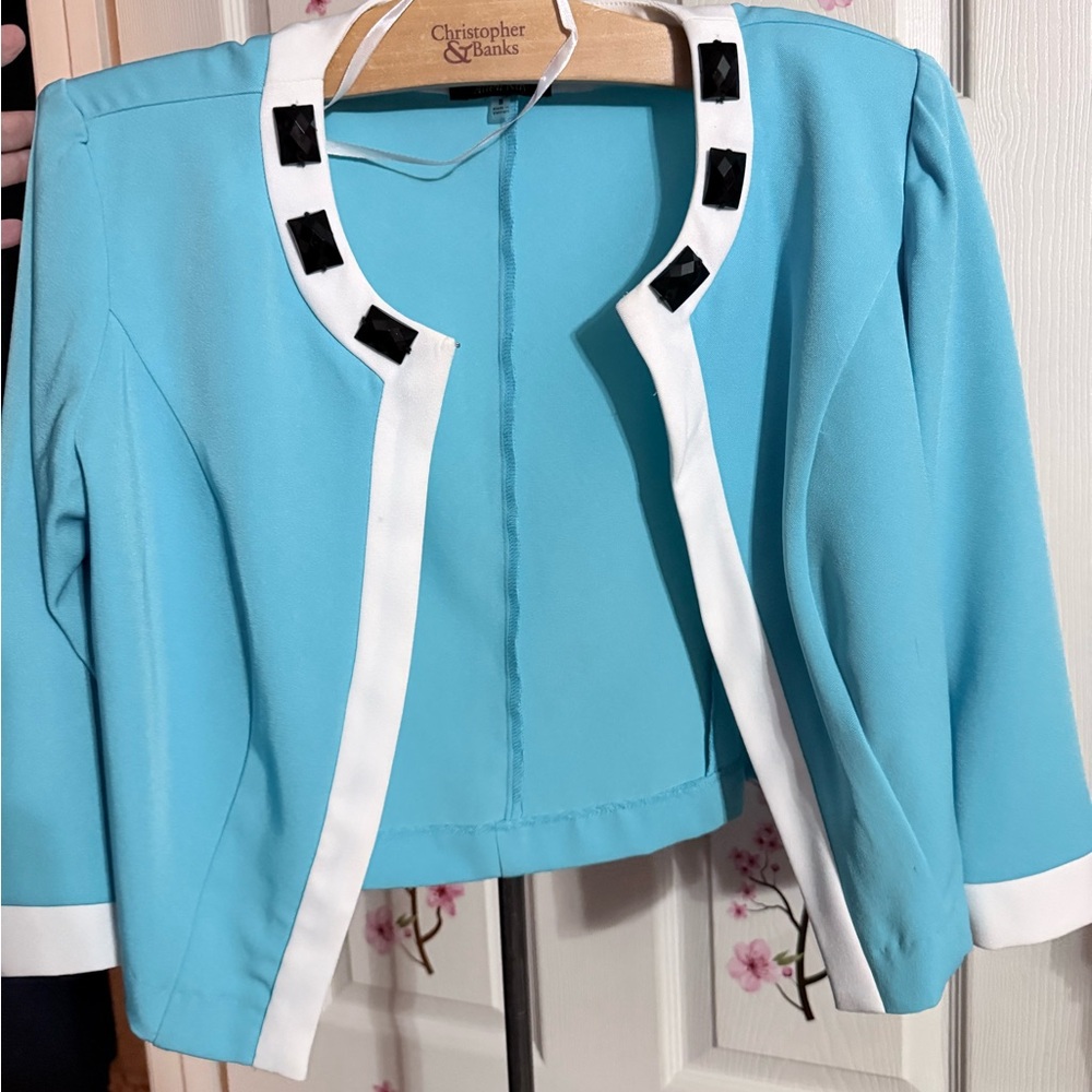Allen Kay Turquoise Blazer with White Trim